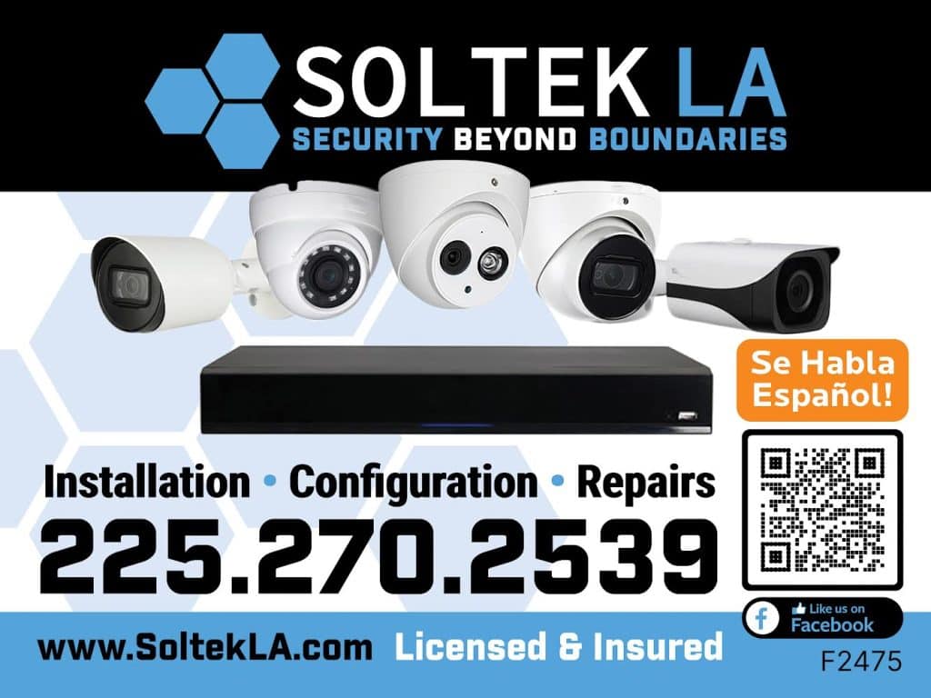 Professional security camera installation and repair services by Soltek LA in South Louisiana featuring CCTV cameras and recorder system.